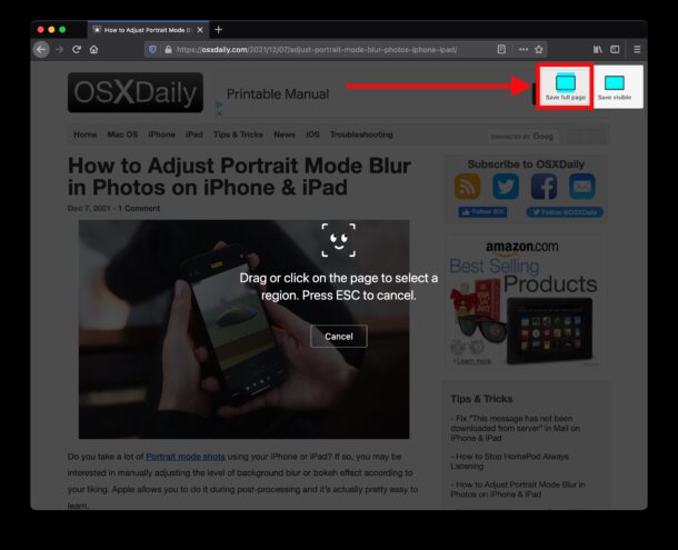 Fai uno screenshot a pagina intera su Mac con Firefox